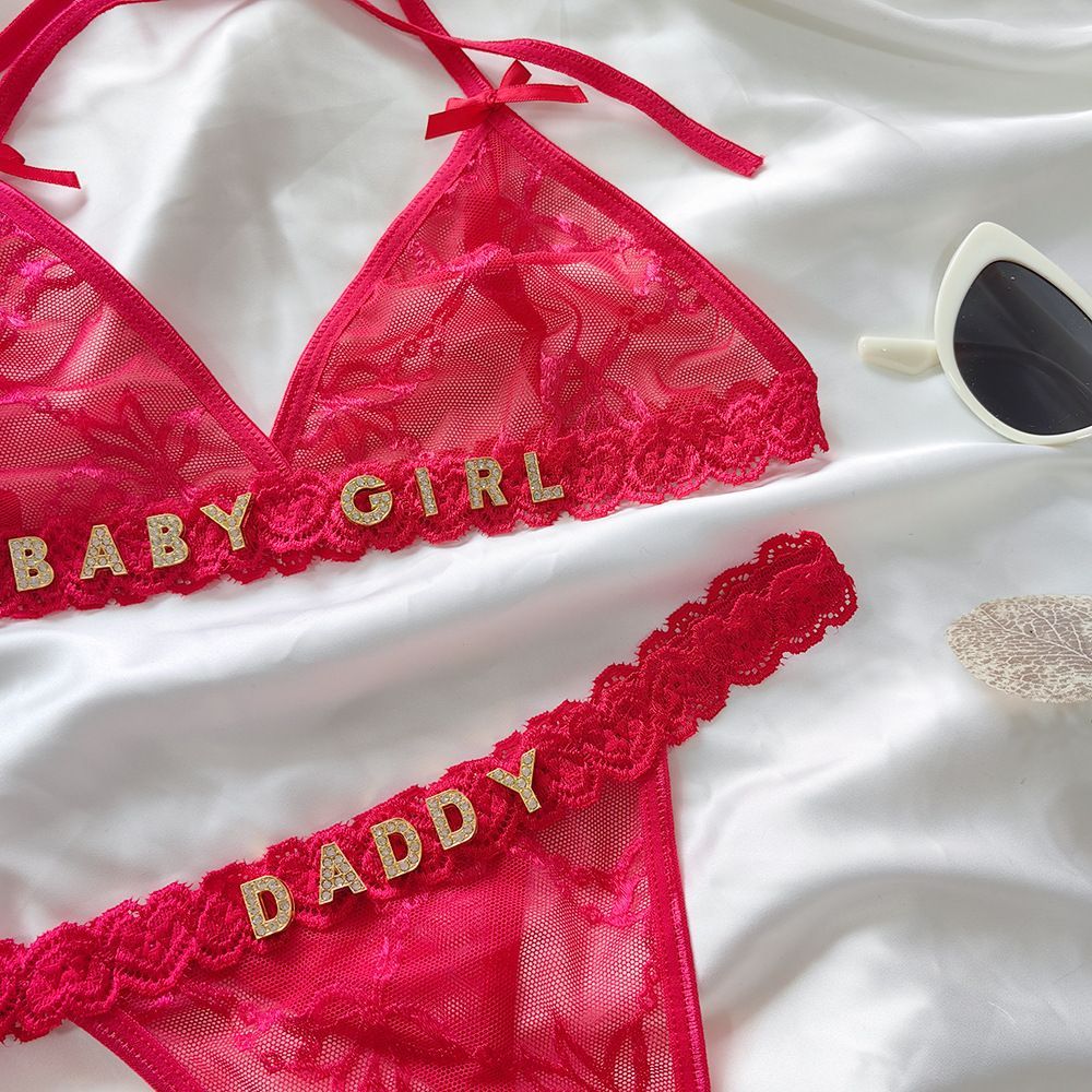 Custom Lace Underwear Set Lingerie And Thongs With Crystal Letter Name Lace Transparent Underwear Gift For Her - soufeelmy