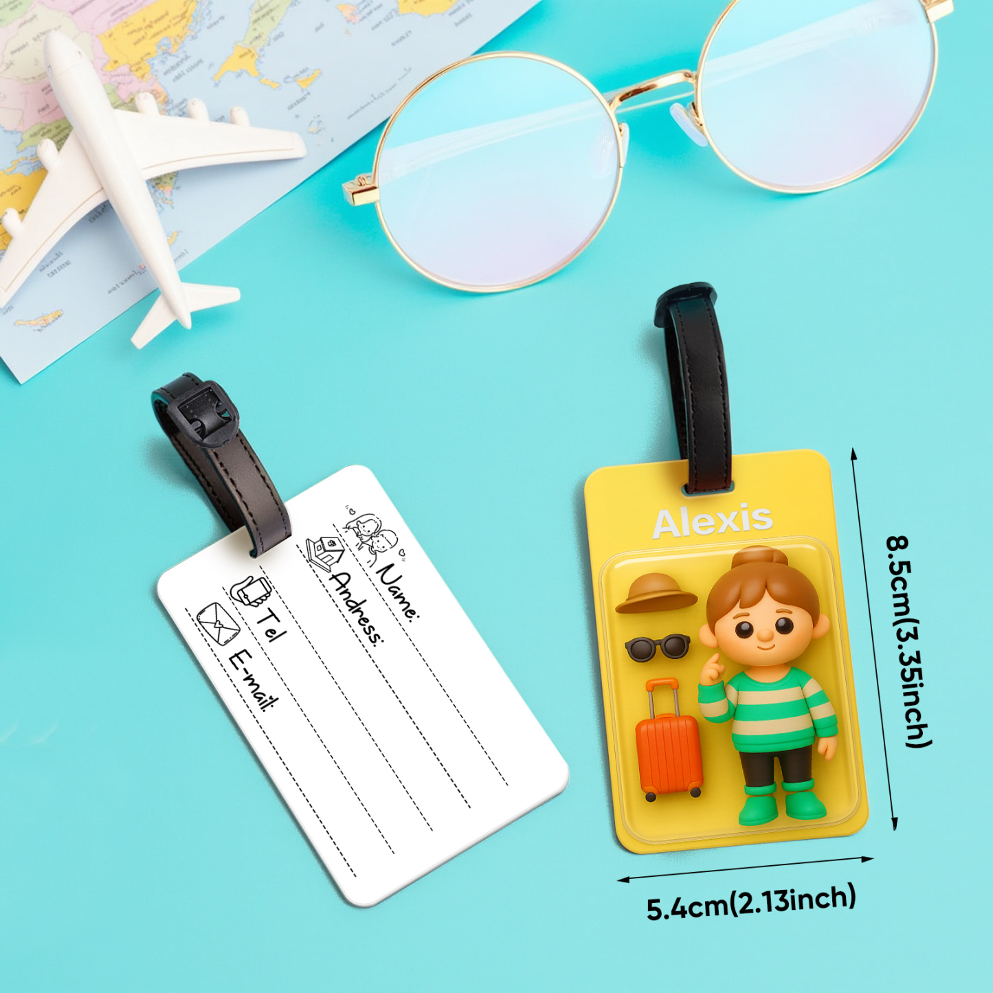 Fully Body Custom 3D Effect Cartoon Character Traveling Luggage Tag with Name and Photo 2D Printing Travel Accessory Birthday Gift for Travel Lover - soufeelmy