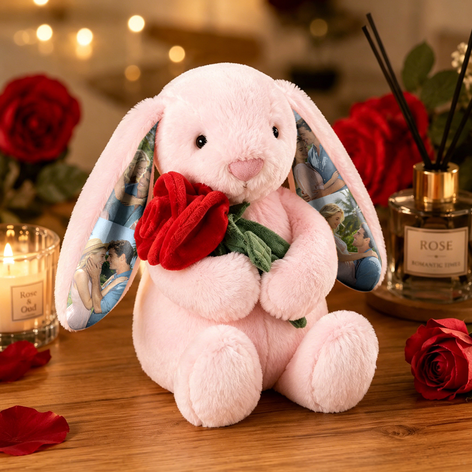 Custom Photo Red Rose Bunny Plush Personalized Hidden Ear Picture Bunny Gift for Couples Anniversary Gifts - soufeelmy
