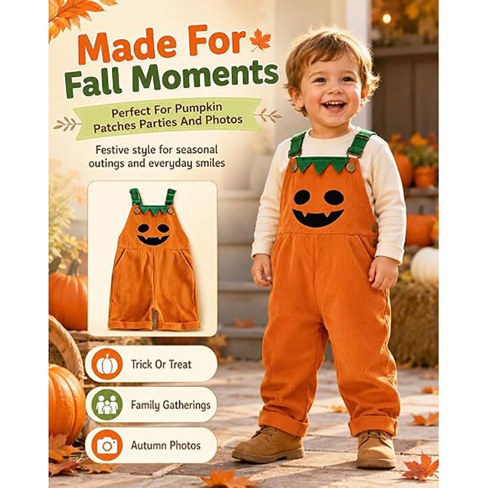 Halloween Pumpkin Corduroy Overalls – Cute Color-Block Bib Pants for Toddlers 1–5Y - soufeelmy