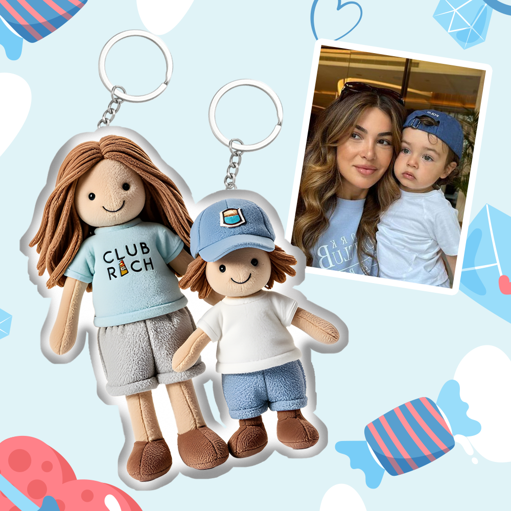 Personalized Photo Plush Doll Keychain Mini Me Plush Keychain Dad and Son