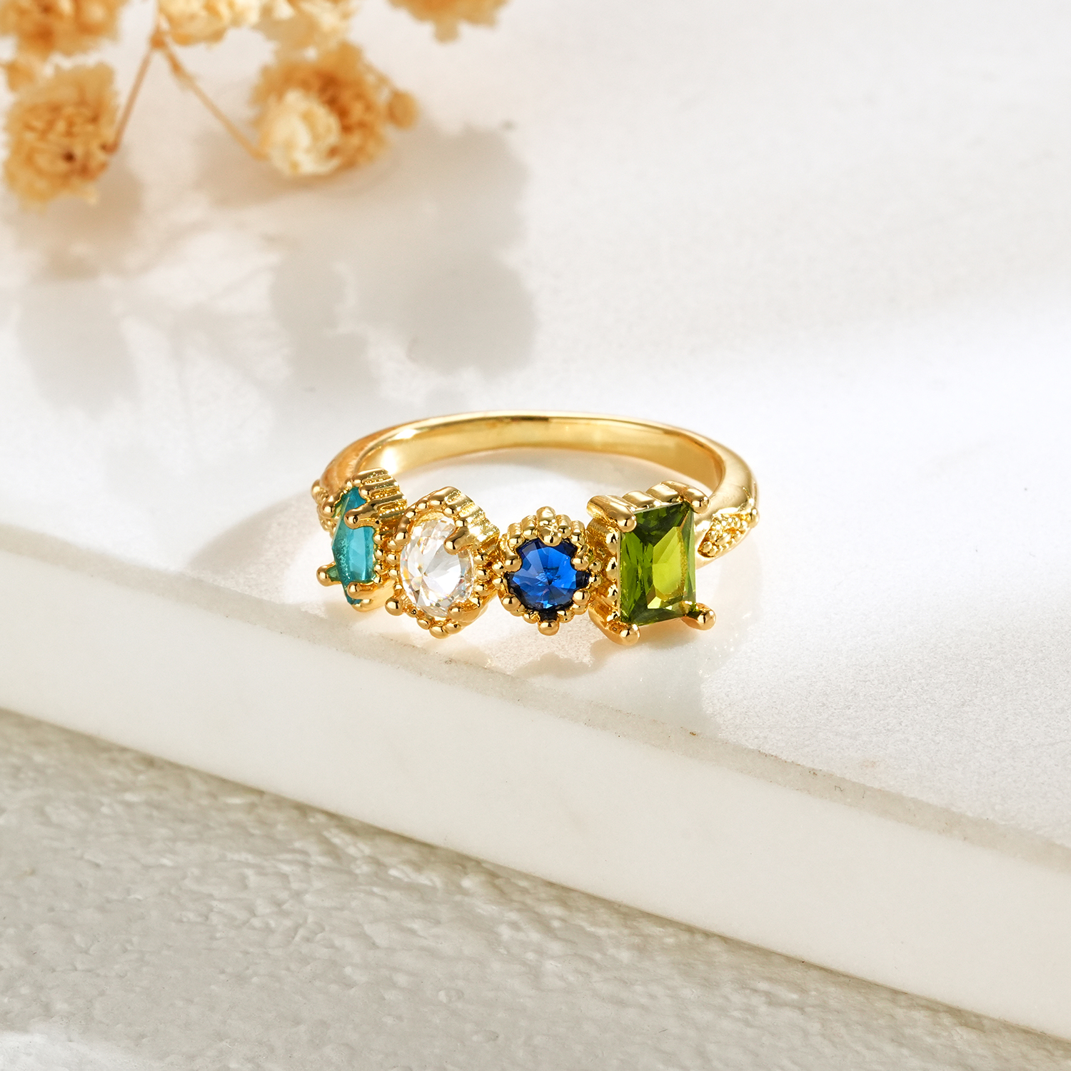 Personalized Birthstones Ring Multiple Vintage Milgrain Ring for Mom Grandma - soufeelmy