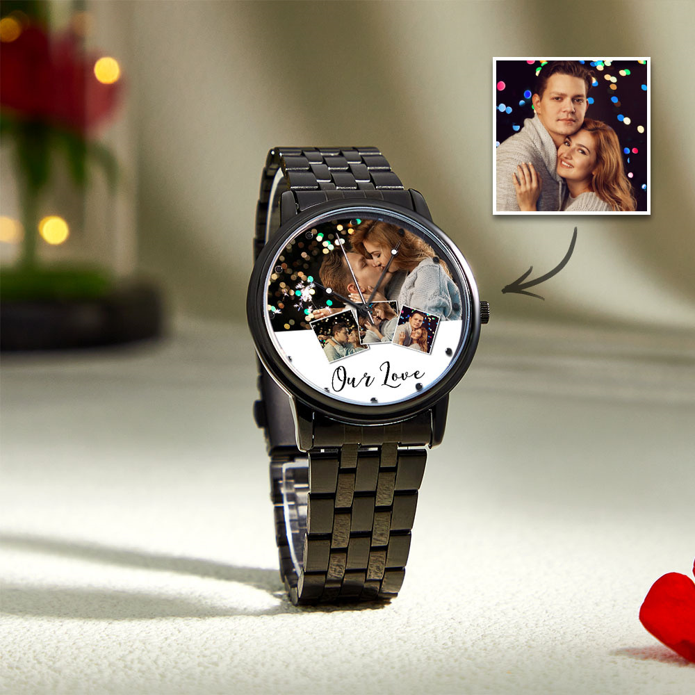 Personalized Engraved Photo Watch Men's Black Alloy Bracelet Photo Watch Valentine's Day Gifts To Boyfriend - soufeelmy