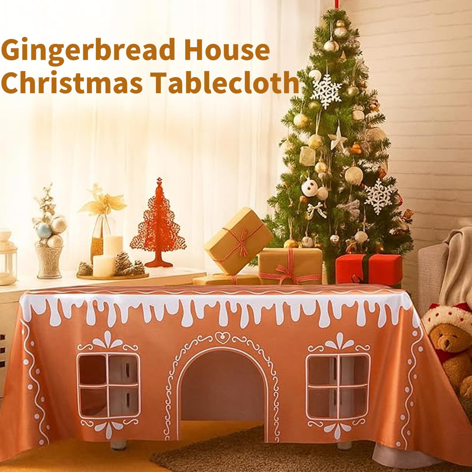 Gingerbread House Christmas Tablecloth Interactive Holiday Table Cover with Play Door for Kids and Pets Festive Home Decor - soufeelmy