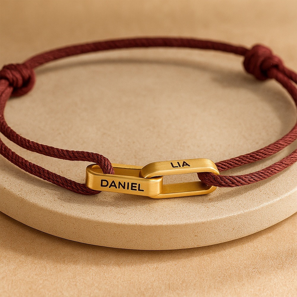 Personalized Braided Couple Bracelet – Custom Engraved Stainless Steel Interlocking Ring Bracelet, Matching Name Bracelet for Him & Her - soufeelmy