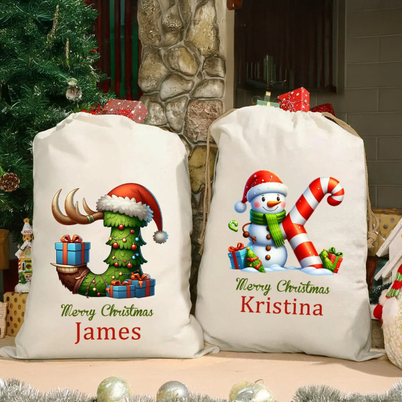 Custom Christmas Alphabet Canvas Gift Bag Tree Snowman Elf Igloo Drawstring Bag with Name Initial Favors Gift for Kids - soufeelmy