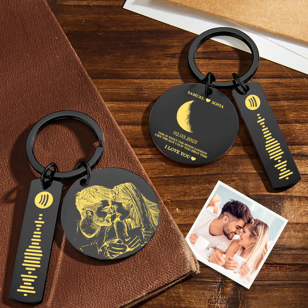 Custom Moon Phase Keychain Photo Spotify Keychain Personalized Stainless Steel Key Chains Valentine's Day Gift