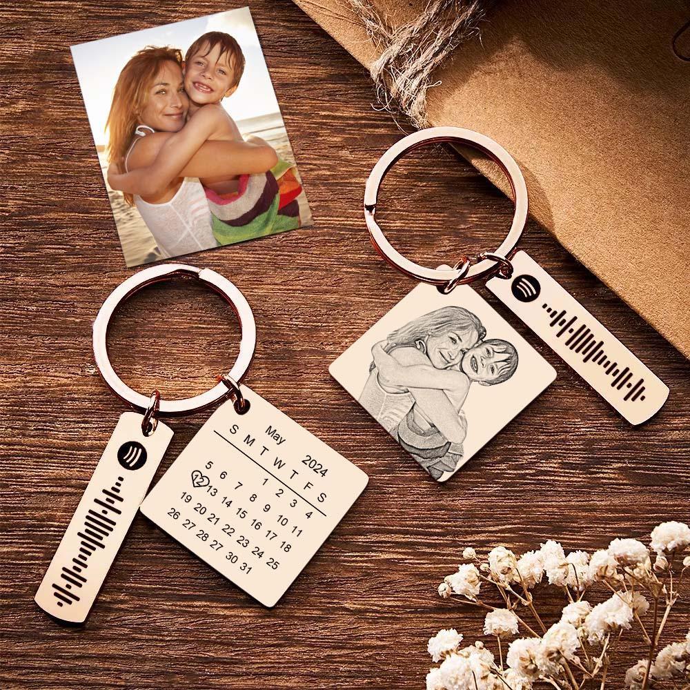 Personalized Calendar Keychain Special Day Significant Photo Heart Square Shape Music Code Metal Keychain Gift for Mother - soufeelmy
