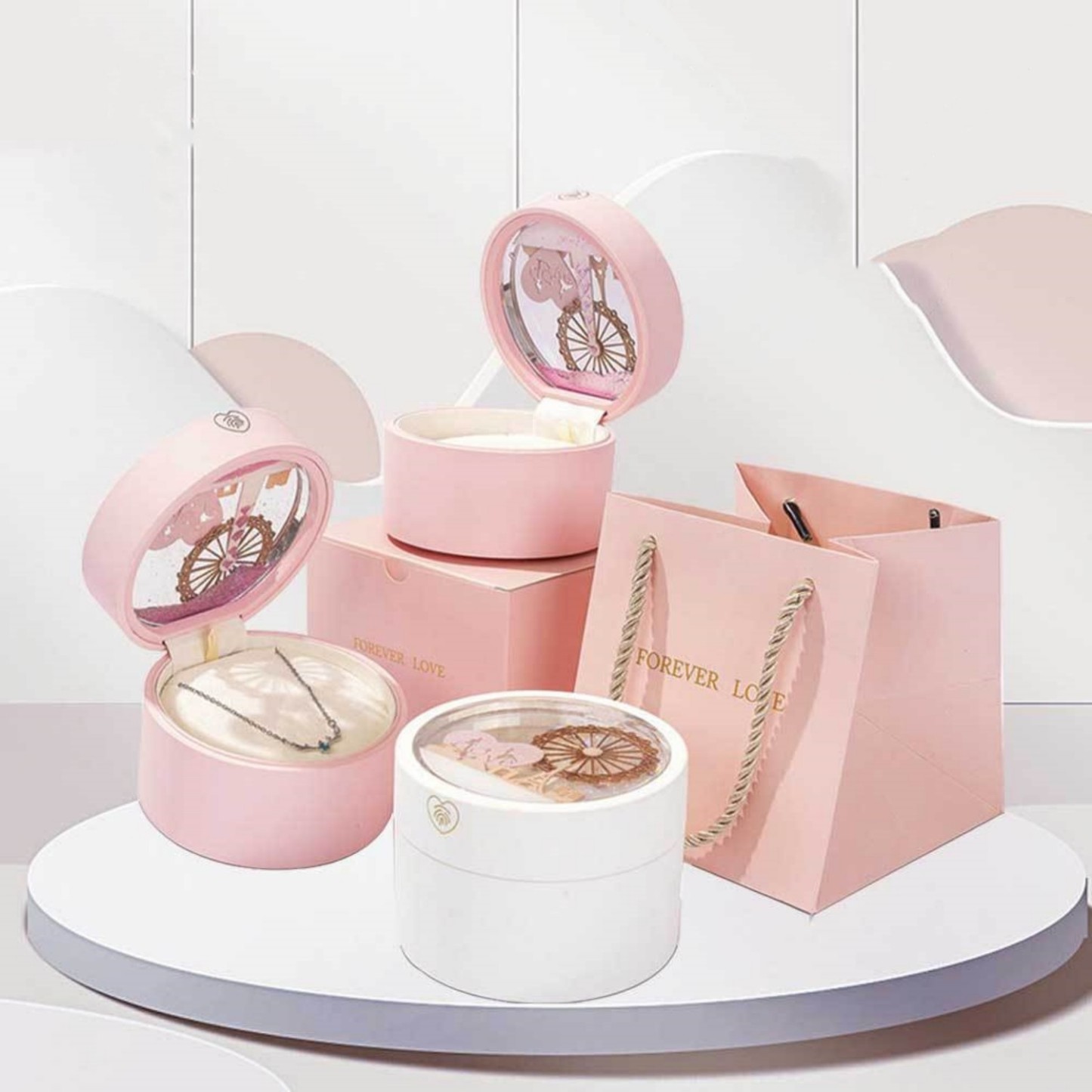 Necklace Pendant Box Jewelry Box Gift Boxes Single Neckline Box Pendant Wheel Round Jewelry Gift Case LED Light Clamshell Small for Proposal White & Pink - soufeelmy