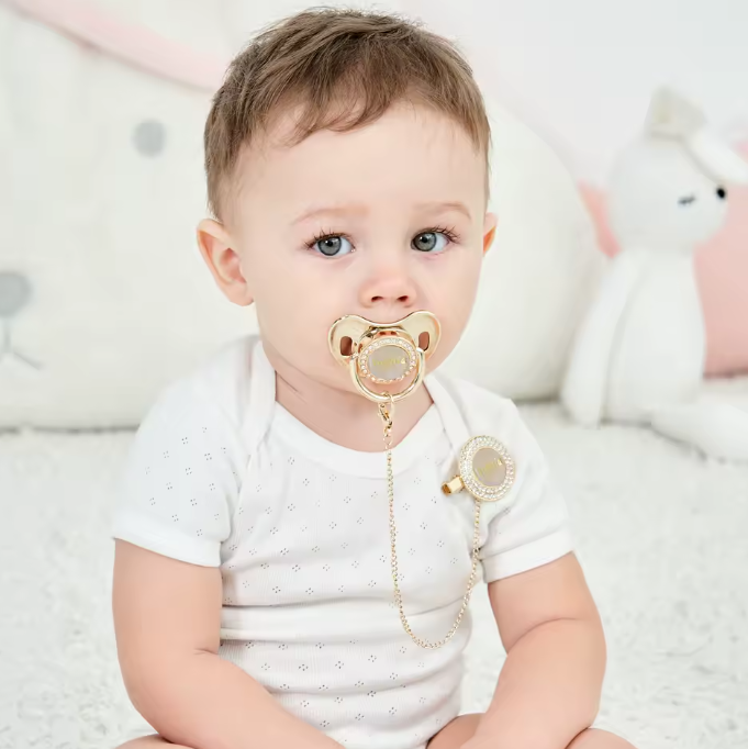 Custom Name Bling Gold Pacifier And Pacifier Clip Bpa Free Dummy Bling Unique Gift Baby Shower - soufeelmy