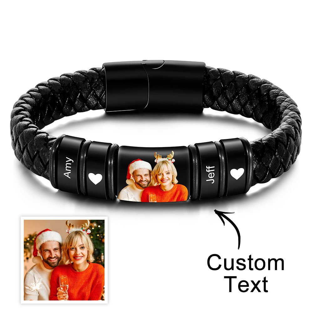 Custom Photo Engraved Bracelet Leather Bracelet Men's Christmas Gifts for Him - soufeelmy