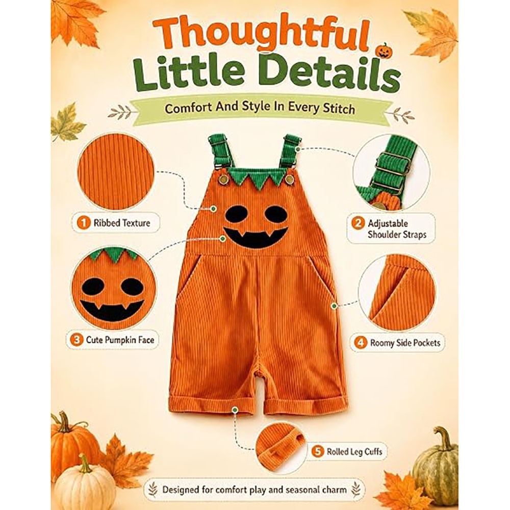 Halloween Pumpkin Corduroy Overalls – Cute Color-Block Bib Pants for Toddlers 1–5Y - soufeelmy