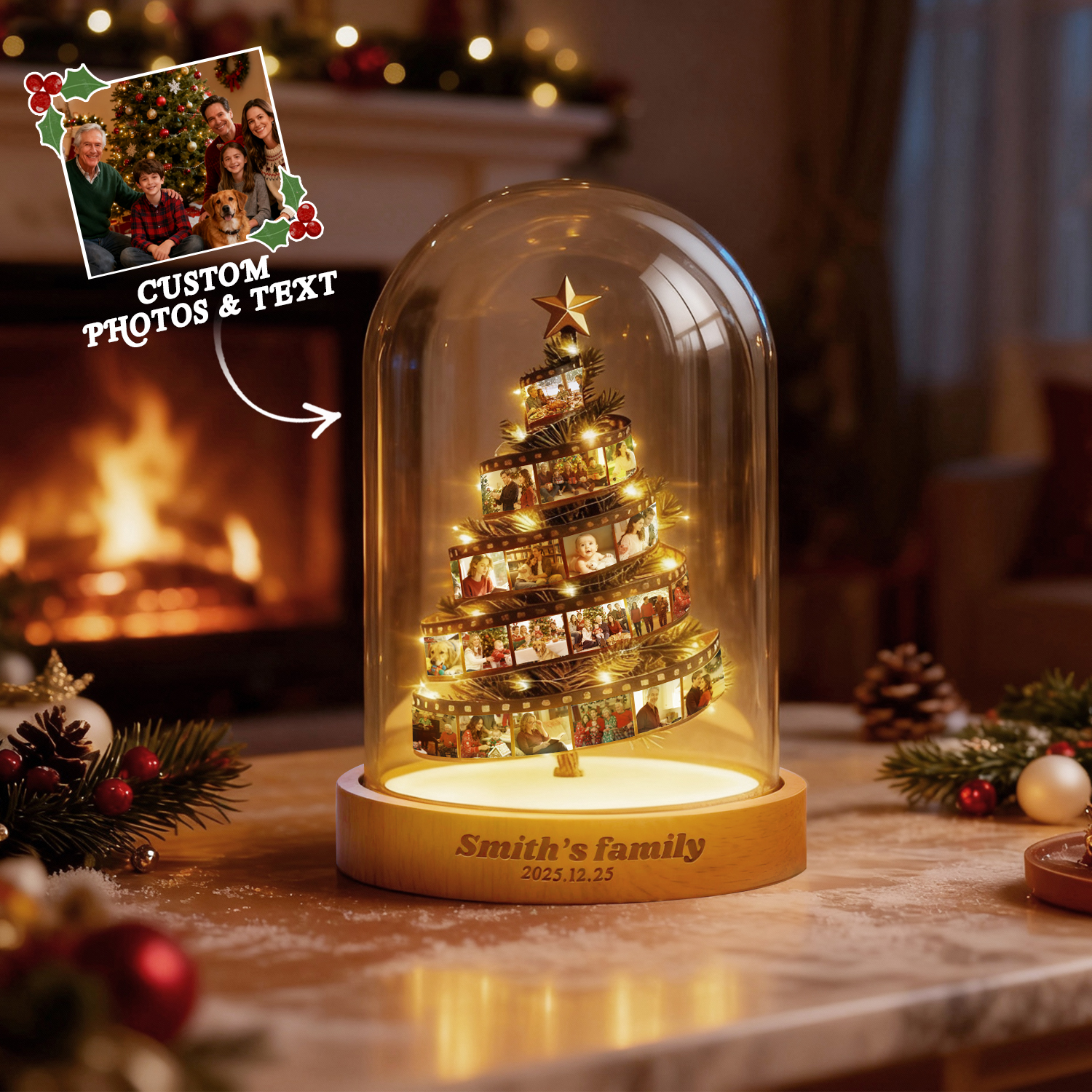 Custom Photo Film Christmas Tree Night Light Personalized Family Lamp Keepsake with Engraved Base Christmas Gift - soufeelmy