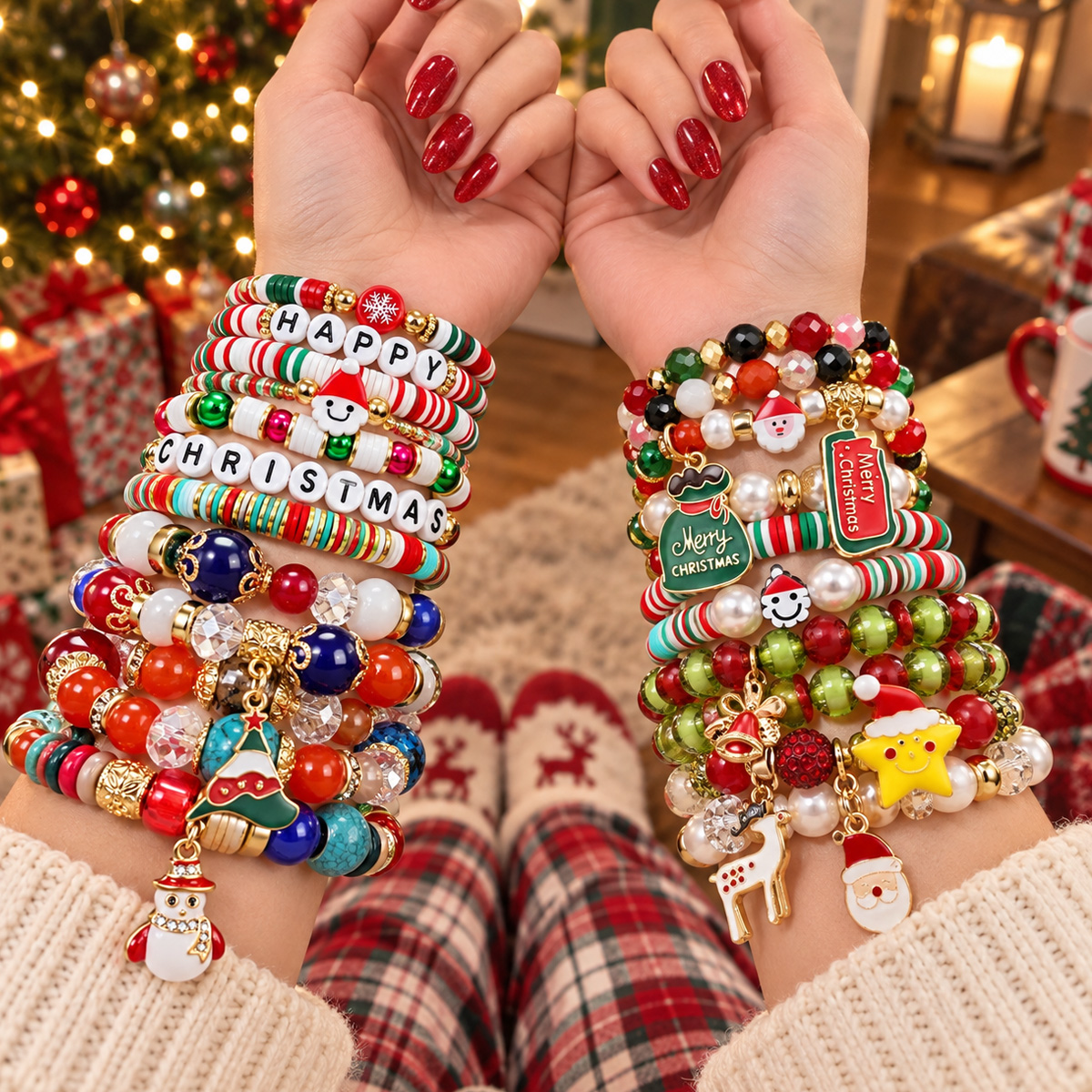 Beaded Bracelet Set Red Green White Charm Stackable Christmas Jewelry Gift for Girls - soufeelmy
