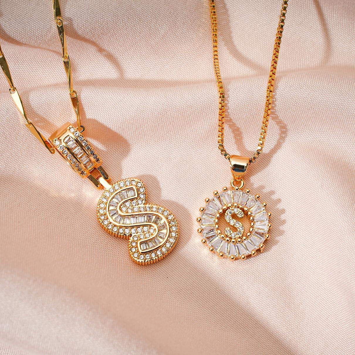 Letter Necklace 14k Gold Plated Bling Dainty Necklaces Trendy Chunky Custom Name Necklace Personalized Round Circle Pendant Zirconia Letters Name Crystal Jewelry Gifts for Women