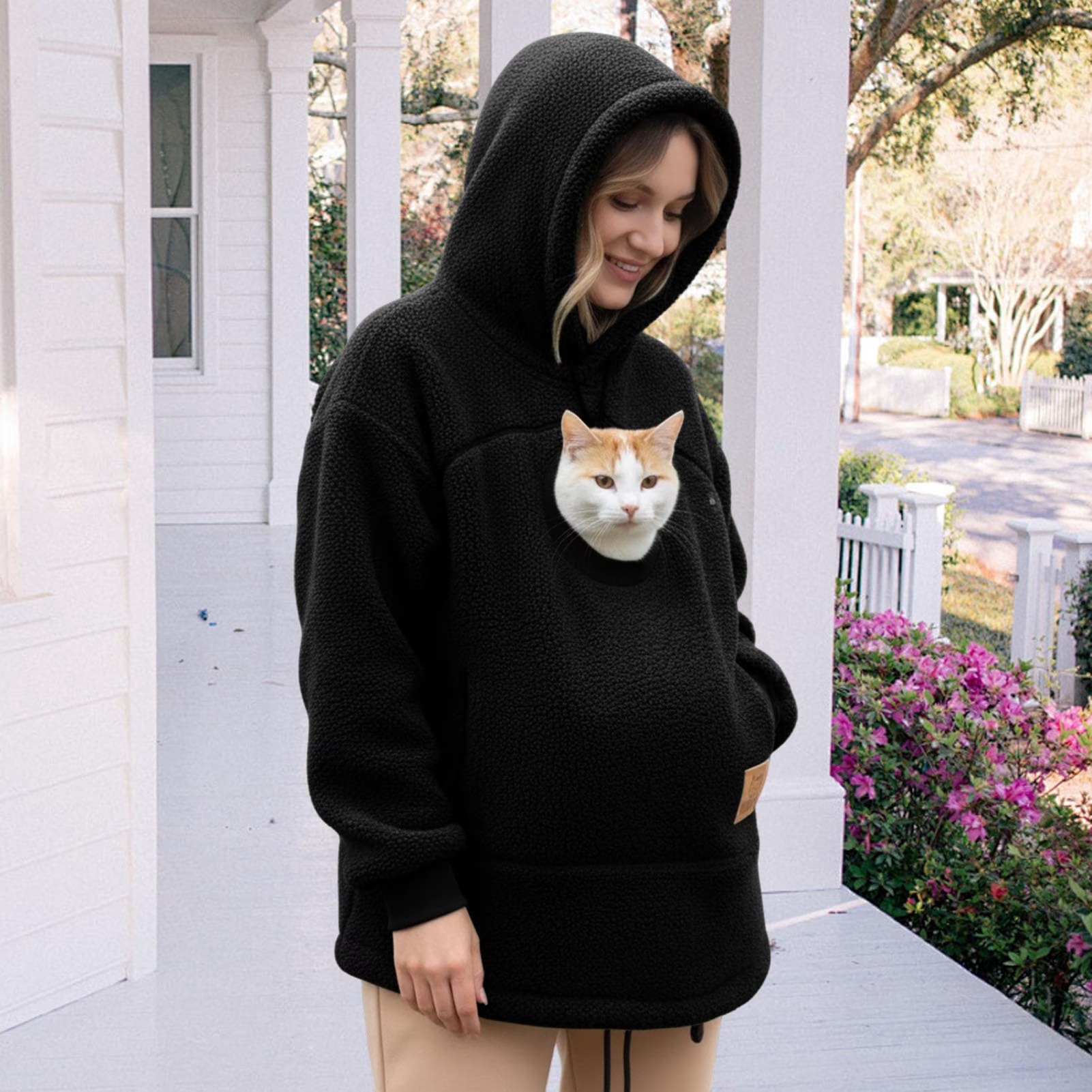 Unisex Cozy Pet Pouch Hoodie – Soft Sherpa Pullover with Built-In Cat & Dog Carrier Pocket, Warm Long Sleeve Sweatshirt for Hands-Free Pet Cuddles - soufeelmy