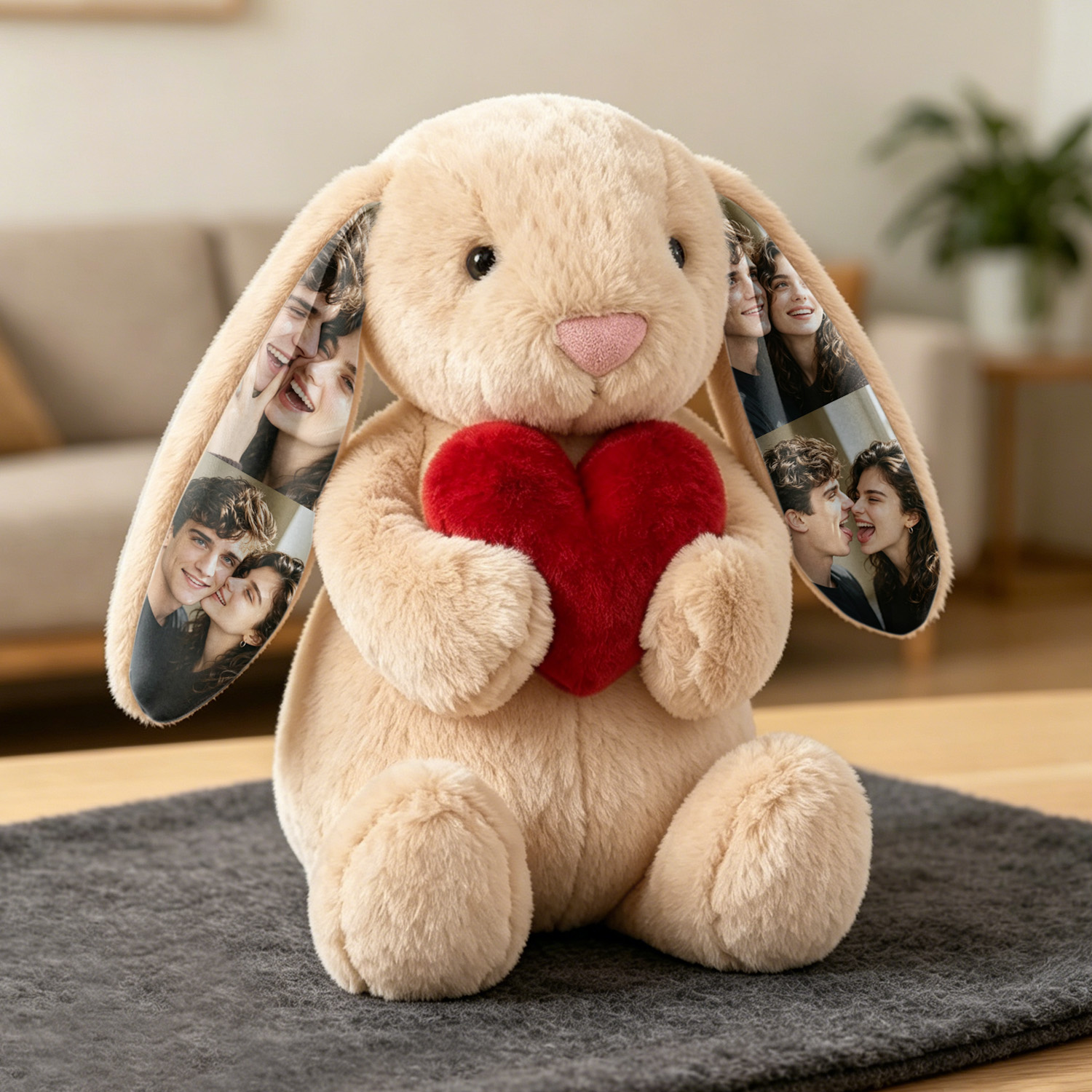 Custom Photo Red Love Heart Bunny Plush Personalized Hidden Ear Picture Bunny Gift for Couples Anniversary Gifts - soufeelmy