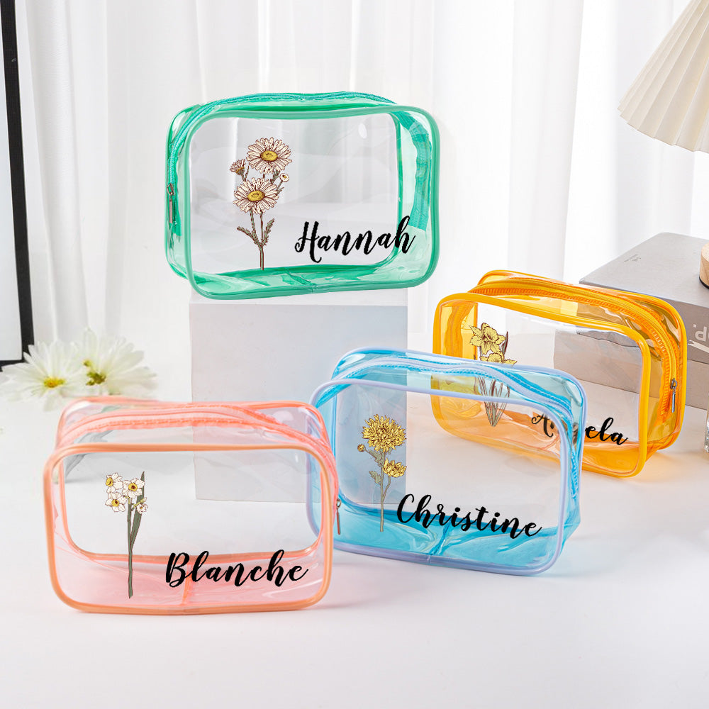 Personalized Birth Flower Clear Makeup Bag Waterproof Cosmetic Bag Wedding Travel Gift for Her - soufeelmy