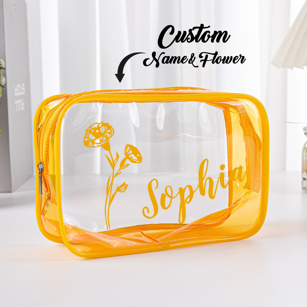 Personalized Birth Flower Name Clear Makeup Bag Birthday Wedding Travel Gift for Her - soufeelmy
