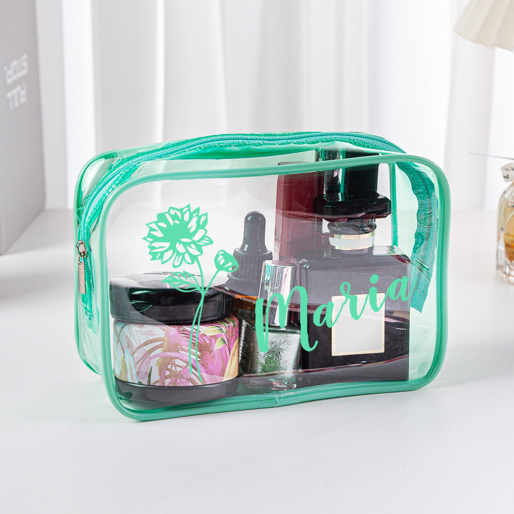 Personalized Birth Flower Name Clear Makeup Bag Birthday Wedding Travel Gift for Her - soufeelmy
