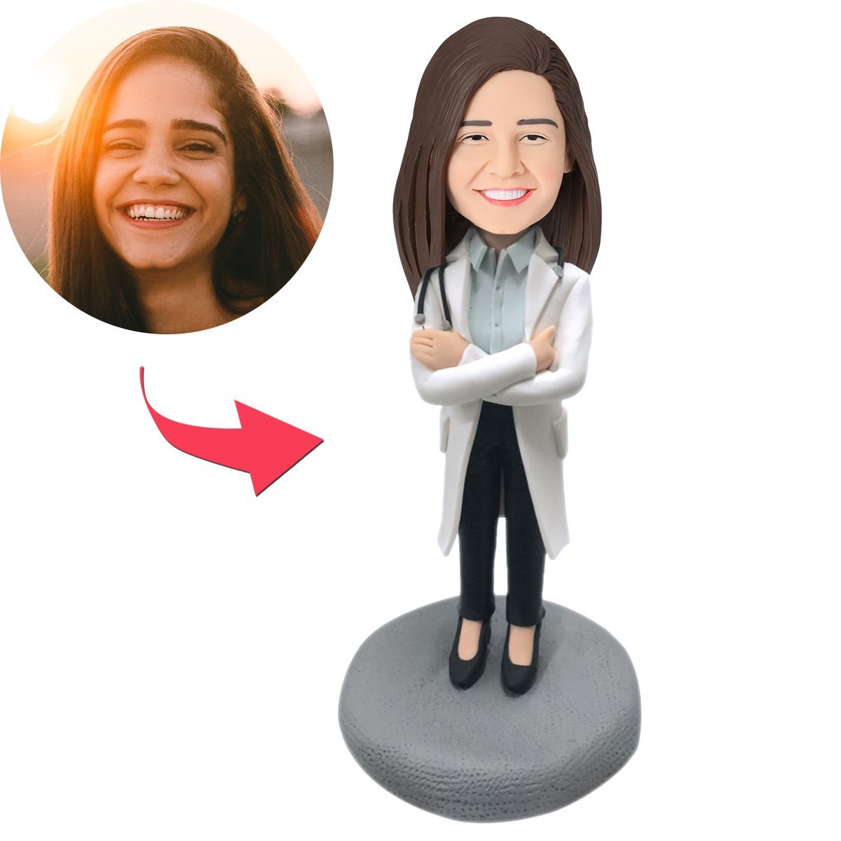 Female Doctor in Lab Coat with Stethoscope Custom Bobblehead With Engraved Text - soufeelmy