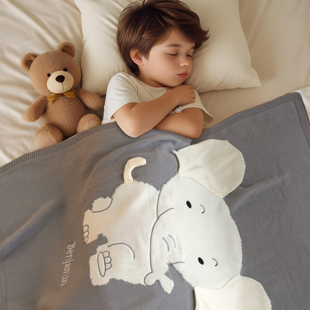 Personalized Baby Blanket Knitting Blanket Grey Elephant with Name Gift for Baby - soufeelmy