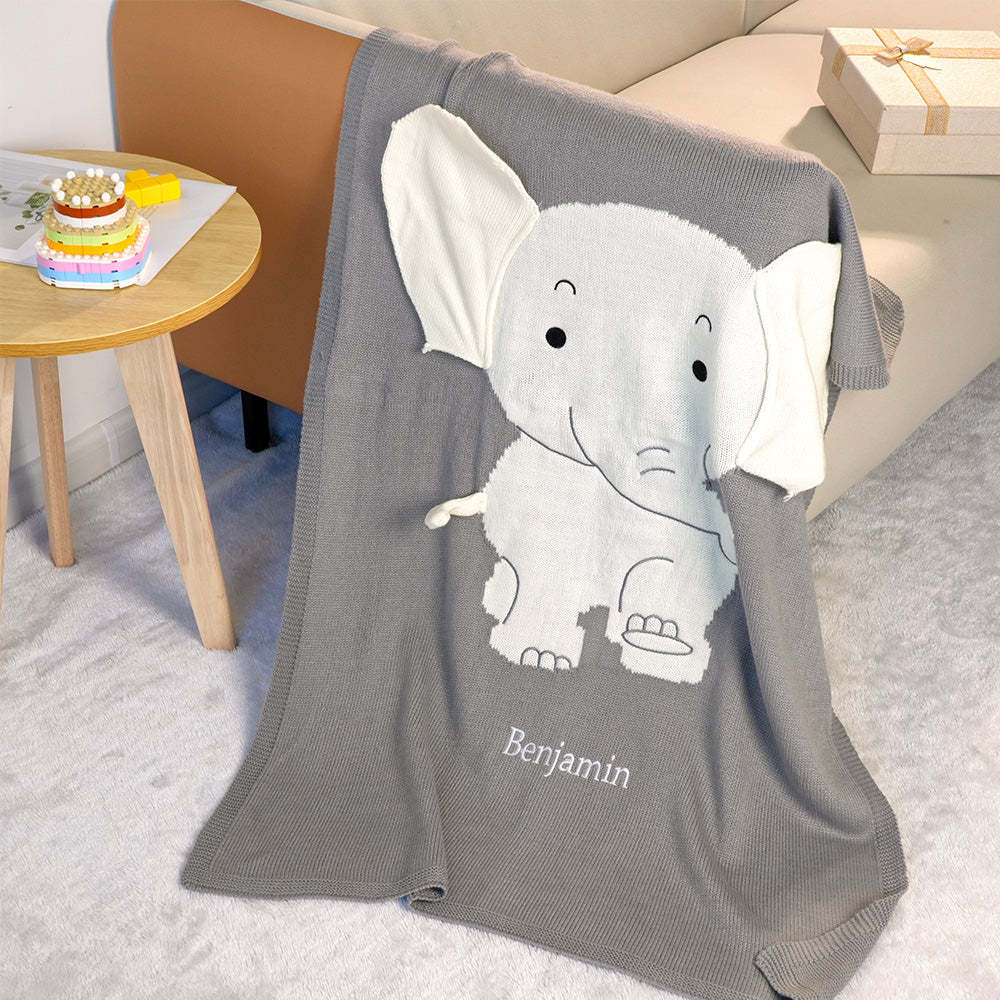 Personalized Baby Blanket Knitting Blanket Grey Elephant with Name Gift for Baby - soufeelmy