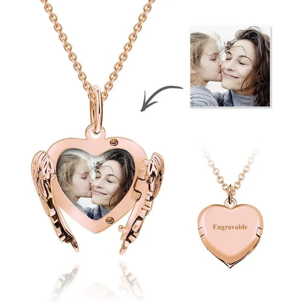 Engravable Photo Locket Necklace Personalized Heart Angel Wings Sterling Silver Gift For Mom - soufeelmy