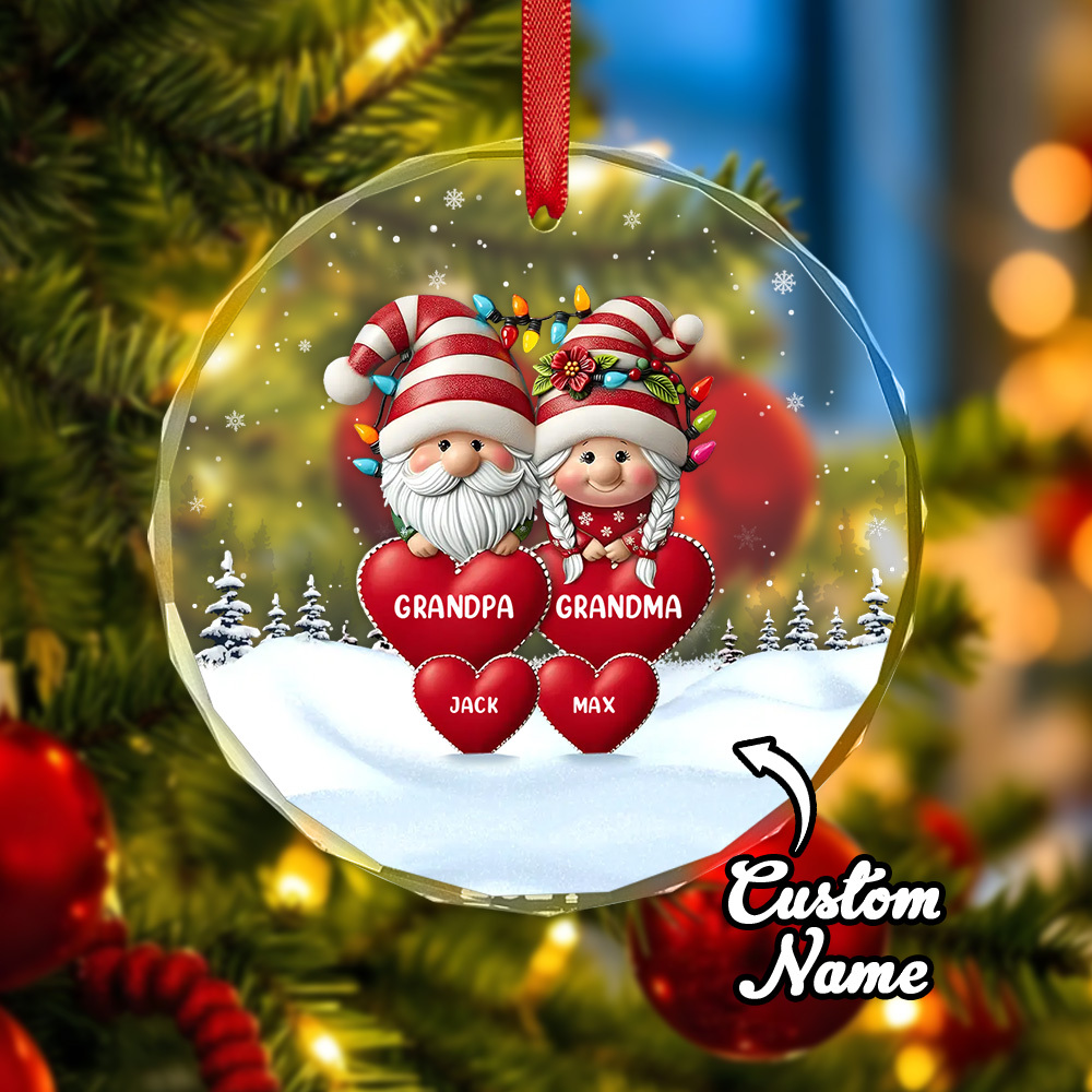 Family Personalized Circle Glass Ornament Custom Engraved Ornament Christmas Gift For Grandpa Grandma - soufeelmy