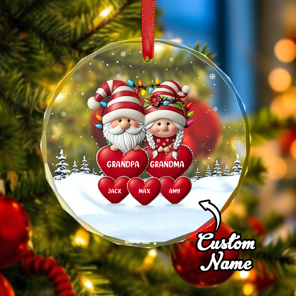 Family Personalized Circle Glass Ornament Custom Engraved Ornament Christmas Gift For Grandpa Grandma - soufeelmy
