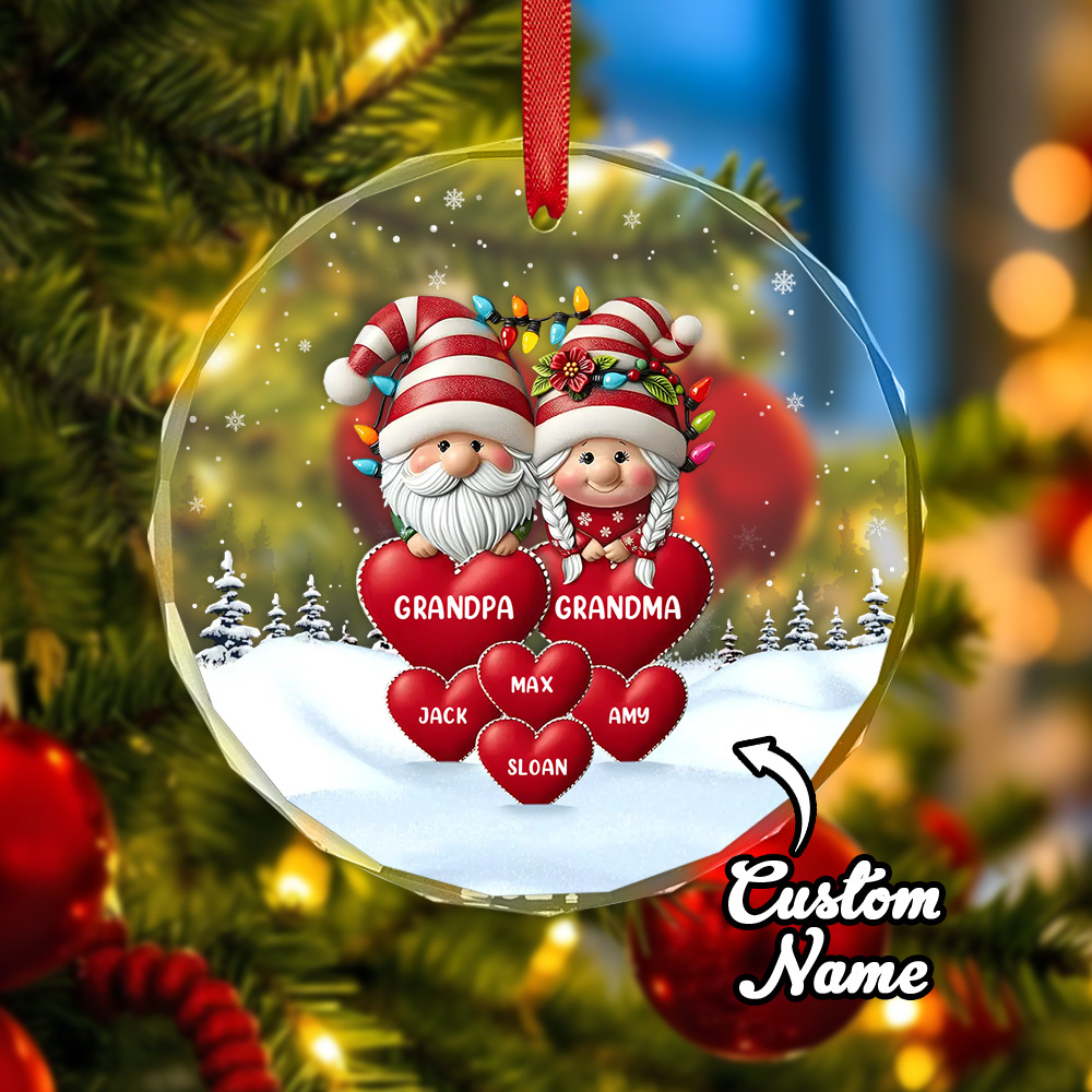 Family Personalized Circle Glass Ornament Custom Engraved Ornament Christmas Gift For Grandpa Grandma - soufeelmy