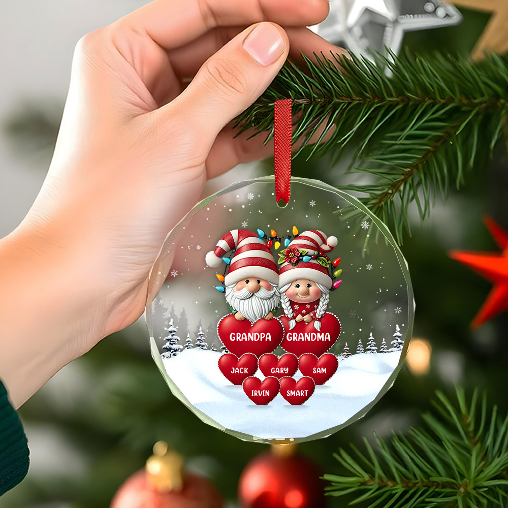 Family Personalized Circle Glass Ornament Custom Engraved Ornament Christmas Gift For Grandpa Grandma - soufeelmy