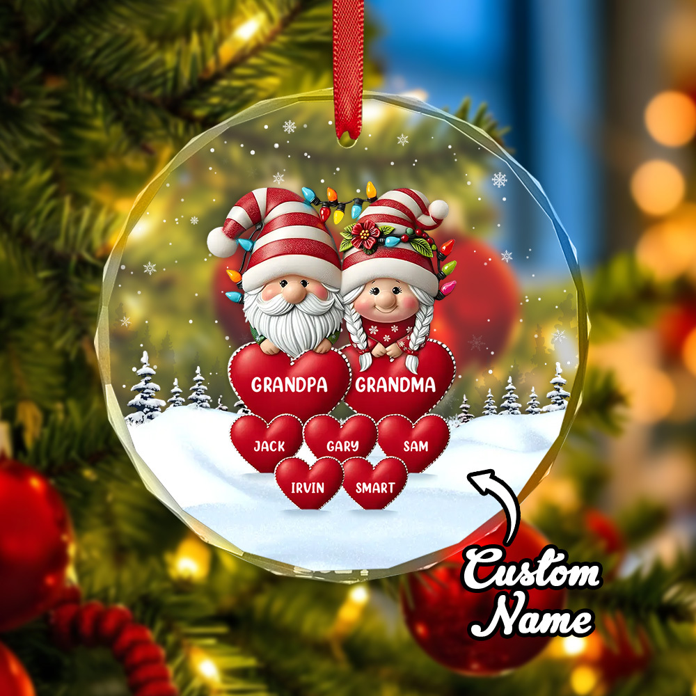 Family Personalized Circle Glass Ornament Custom Engraved Ornament Christmas Gift For Grandpa Grandma - soufeelmy