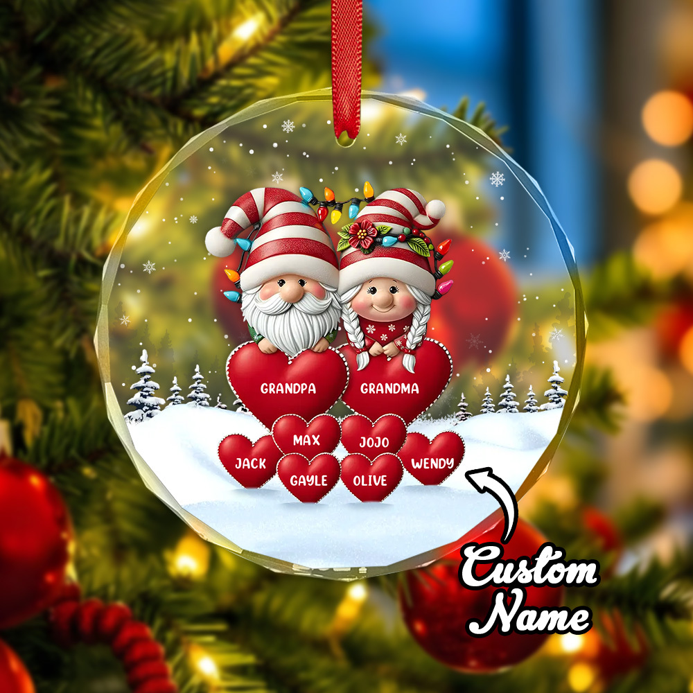 Family Personalized Circle Glass Ornament Custom Engraved Ornament Christmas Gift For Grandpa Grandma - soufeelmy