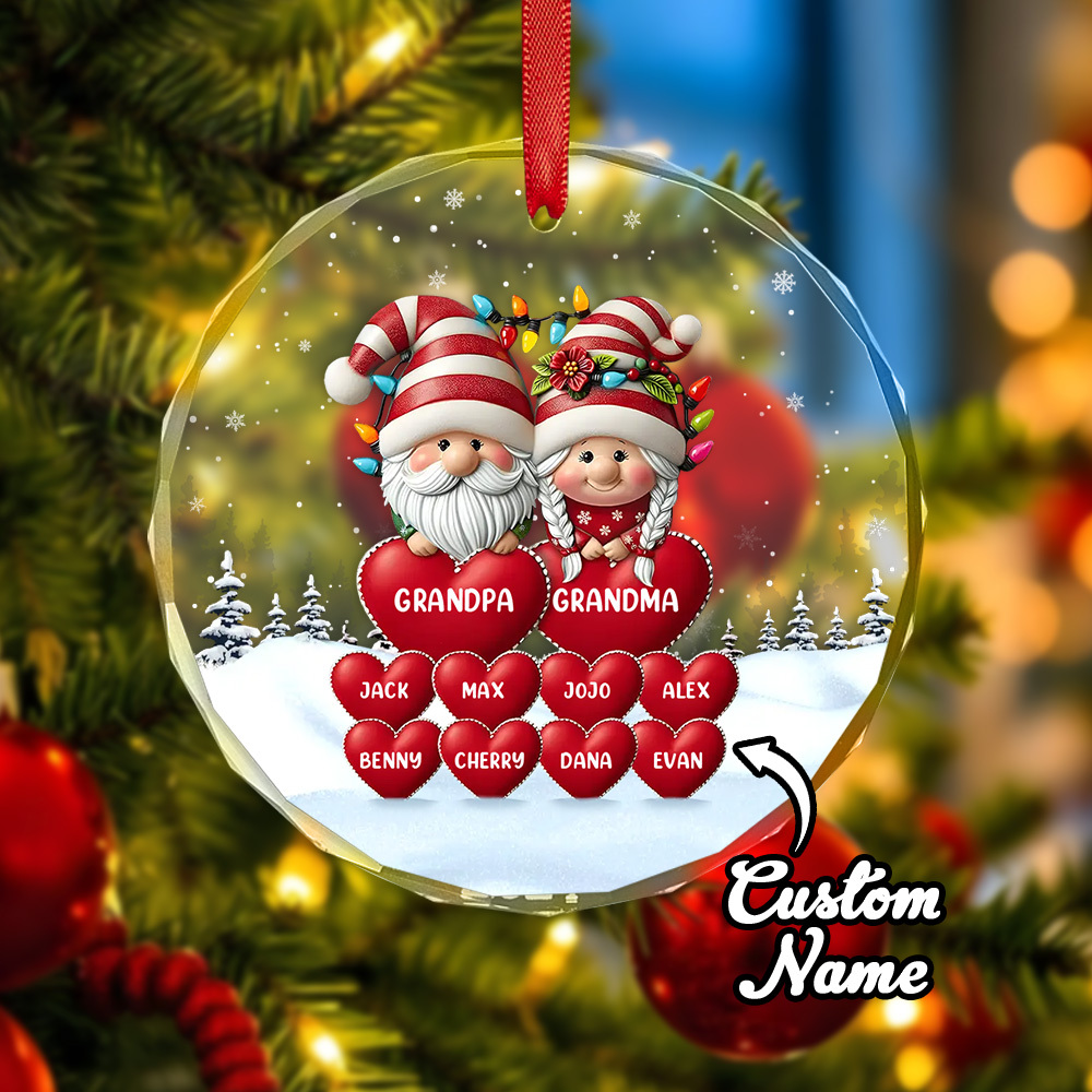 Family Personalized Circle Glass Ornament Custom Engraved Ornament Christmas Gift For Grandpa Grandma - soufeelmy