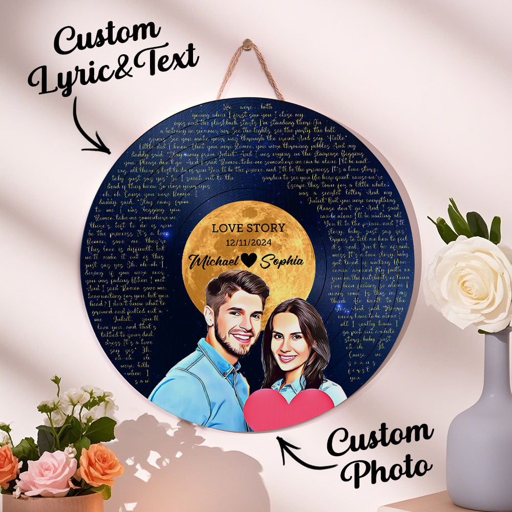 Personalized Vinyl Record Song Lyrics and Portrait Round Wood Sign Gift for Lover - soufeelmy