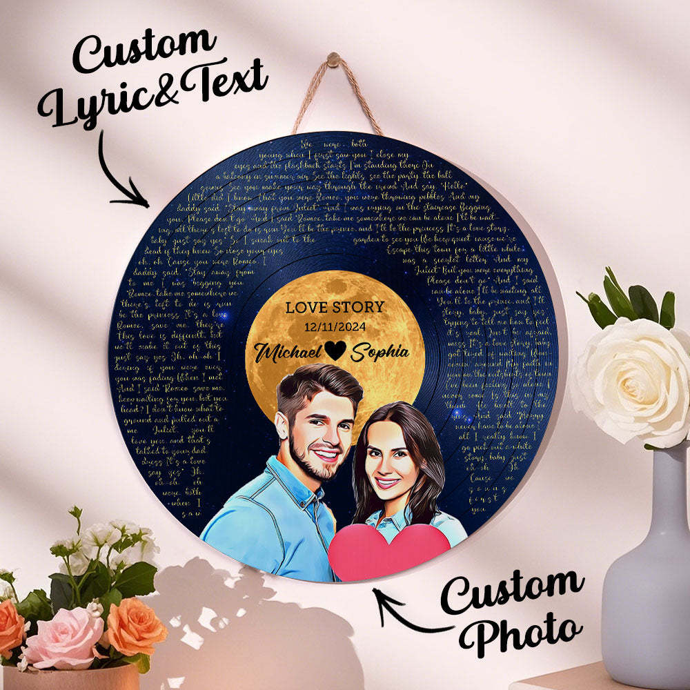 Personalized Vinyl Record Song Lyrics and Portrait Round Wood Sign Gift for Lover - soufeelmy