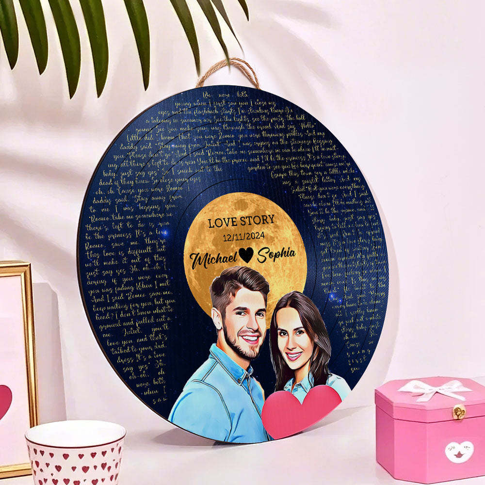 Personalized Vinyl Record Song Lyrics and Portrait Round Wood Sign Gift for Lover - soufeelmy