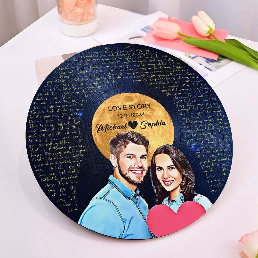 Personalized Vinyl Record Song Lyrics and Portrait Round Wood Sign Gift for Lover - soufeelmy