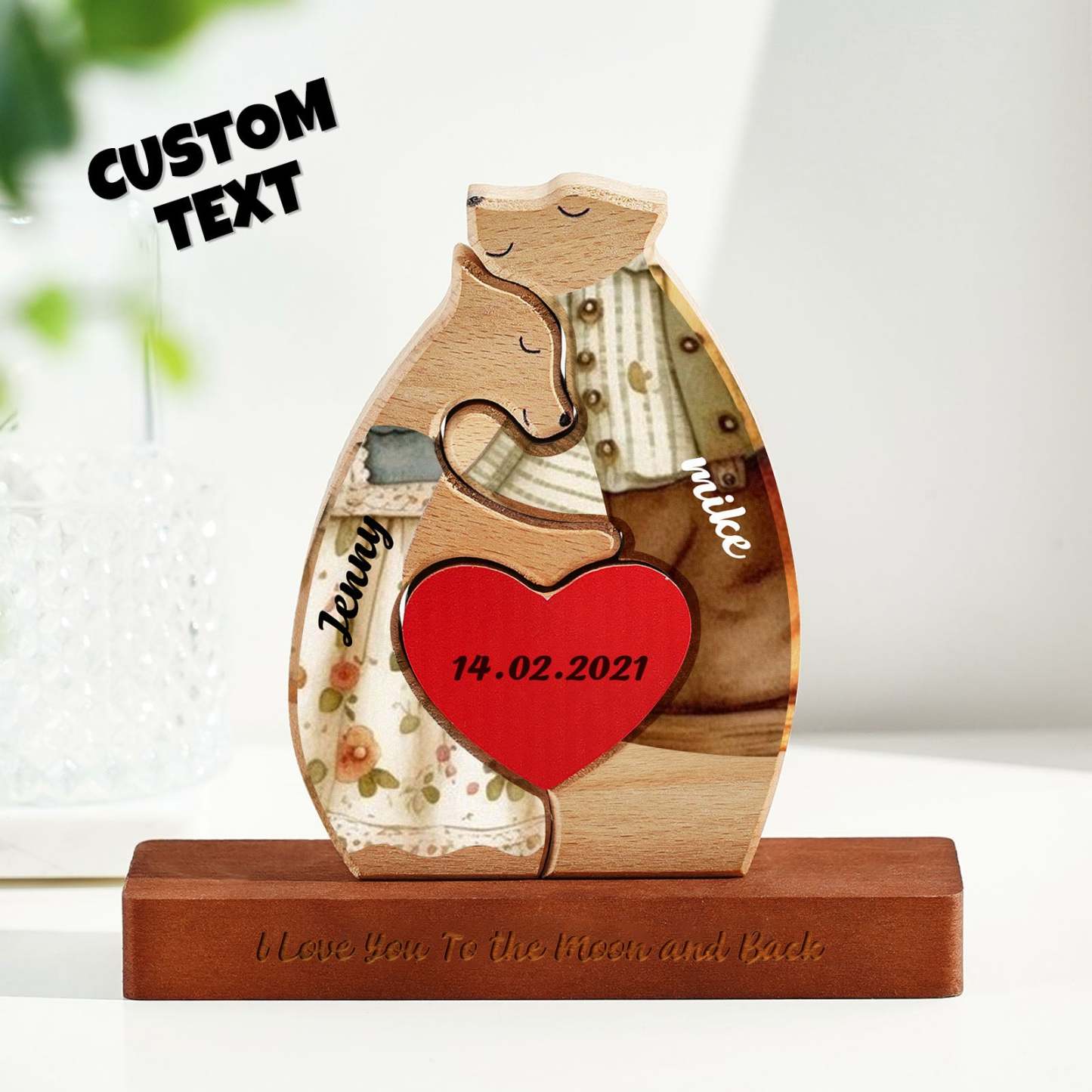 Custom Name Wooden Couple Bear with Personalized Date Blocks Love Gifts for Her - soufeelmy