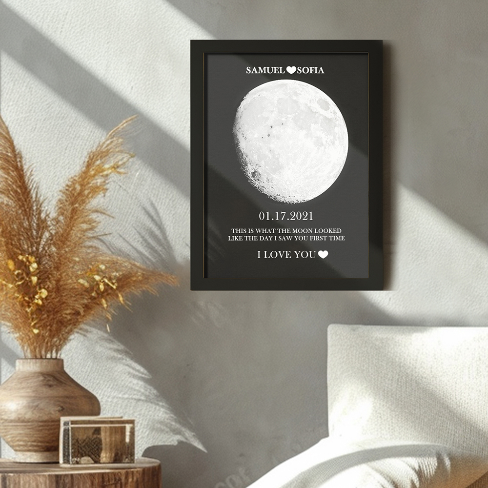 Custom Silver Moon Phase and Names Wooden Frame with Your Text Custom Couple Art Frame Best Valentine's Day Gift - soufeelmy