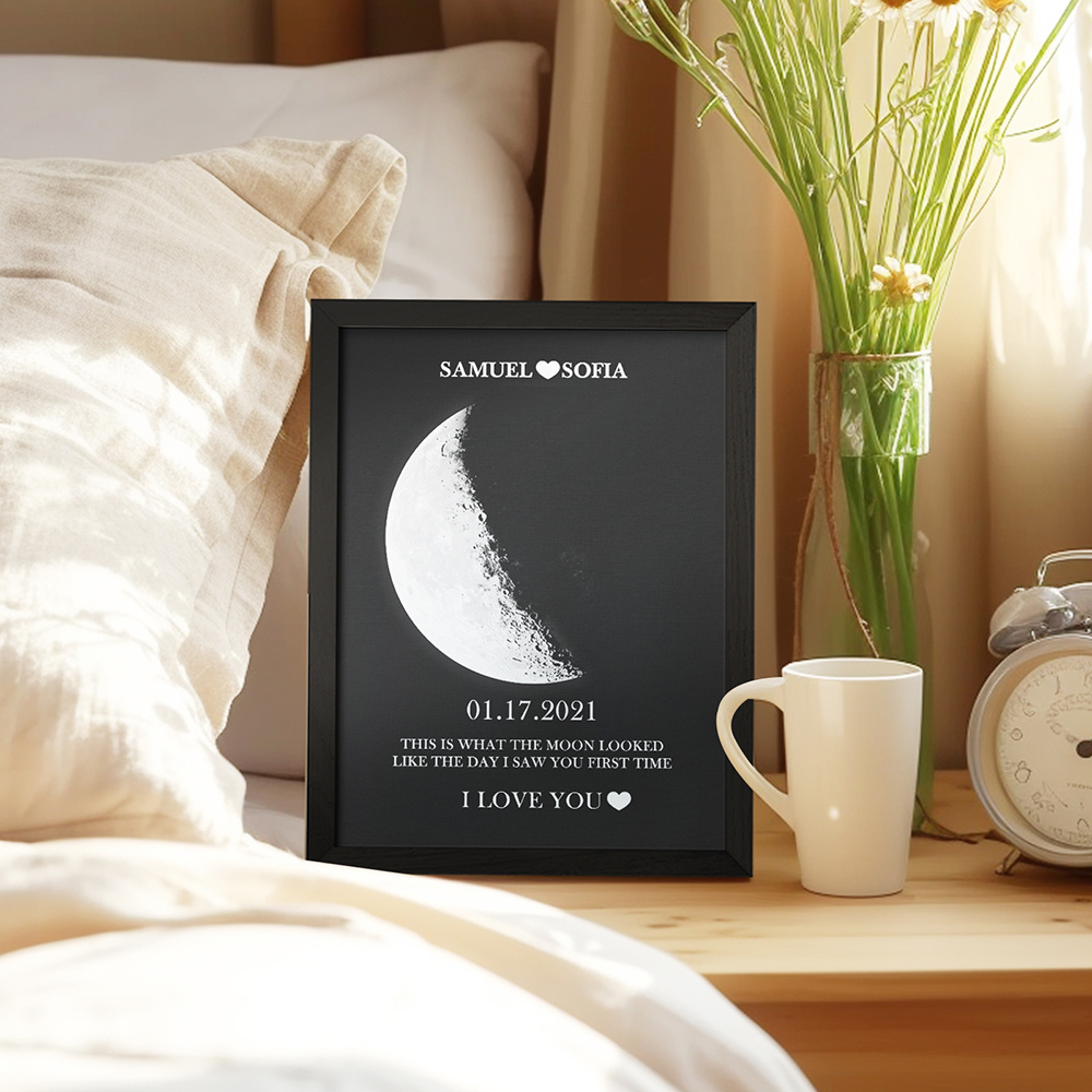 Custom Silver Moon Phase and Names Wooden Frame with Your Text Custom Couple Art Frame Best Valentine's Day Gift - soufeelmy
