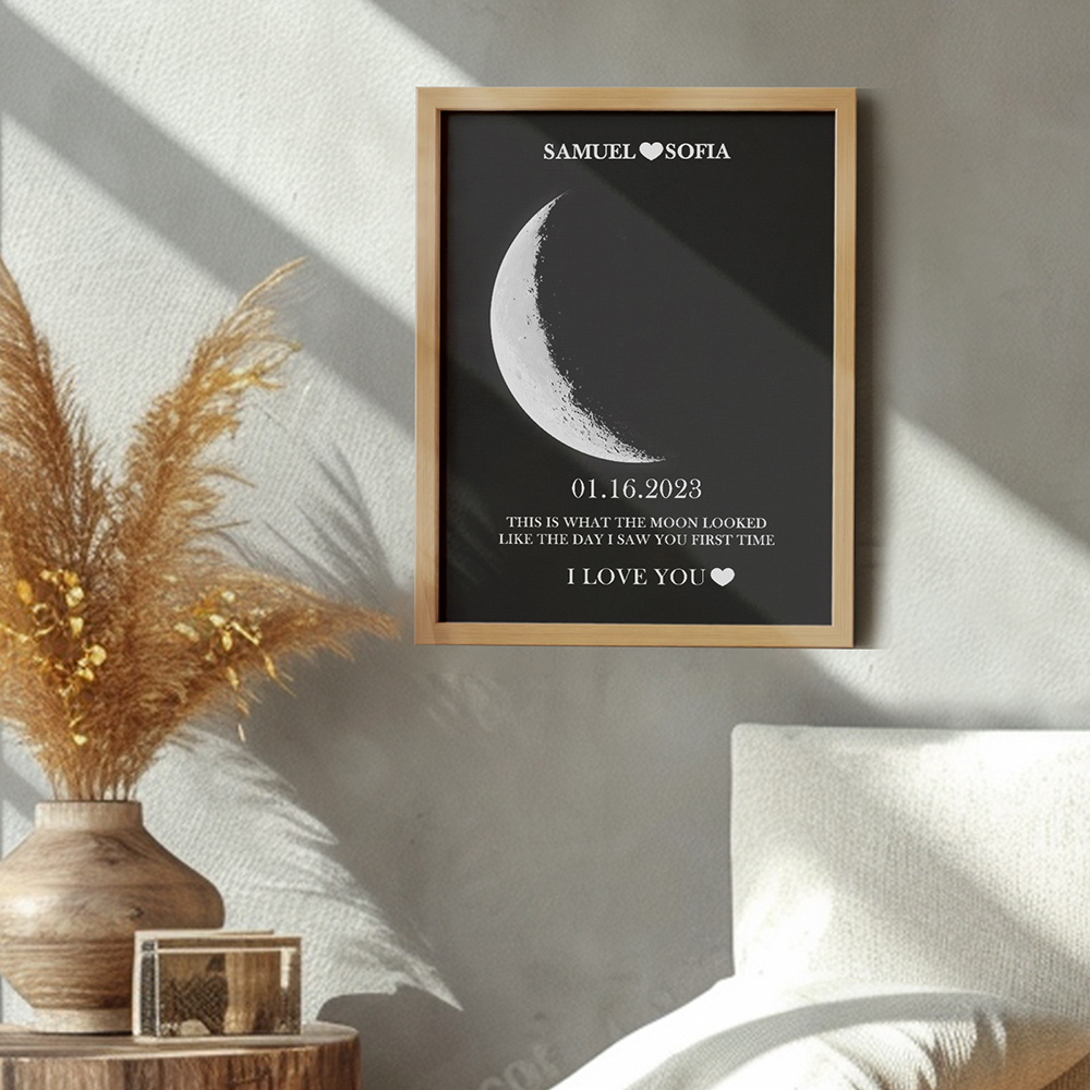 Custom Silver Moon Phase and Names Wooden Frame with Your Text Custom Couple Art Frame Best Valentine's Day Gift - soufeelmy