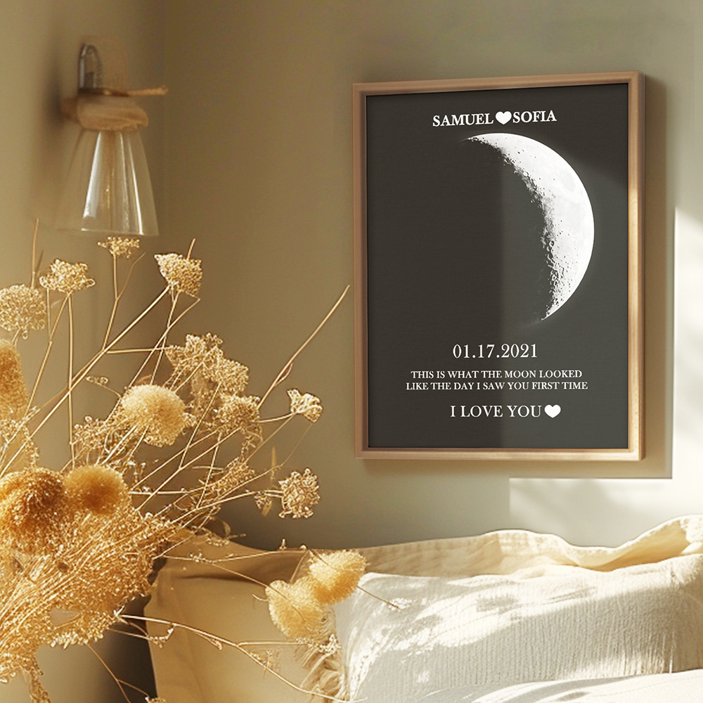 Custom Silver Moon Phase and Names Wooden Frame with Your Text Custom Couple Art Frame Best Valentine's Day Gift - soufeelmy