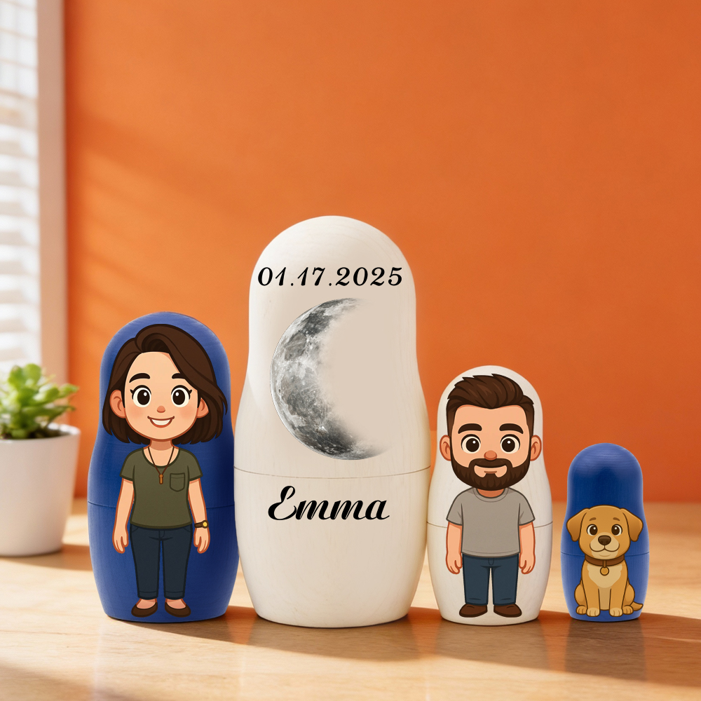 Personalized Portrait Nesting Doll Custom Moon Phase and Text Portrait Cartoon Style Gift Family Gift Couple Gifts - soufeelmy