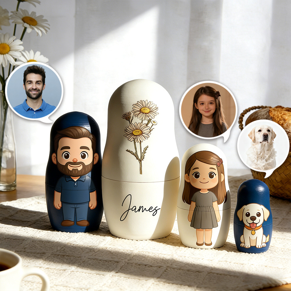 Personalized Birth Flower Portrait Nesting Doll Custom Name Portrait Cartoon Style Gift Birthday Gift - soufeelmy