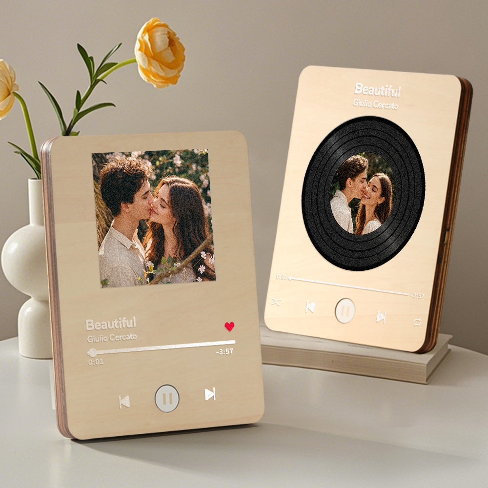 Personalized Photo Wooden Music Record Player Wedding Anniversary Gift for Couples - soufeelmy
