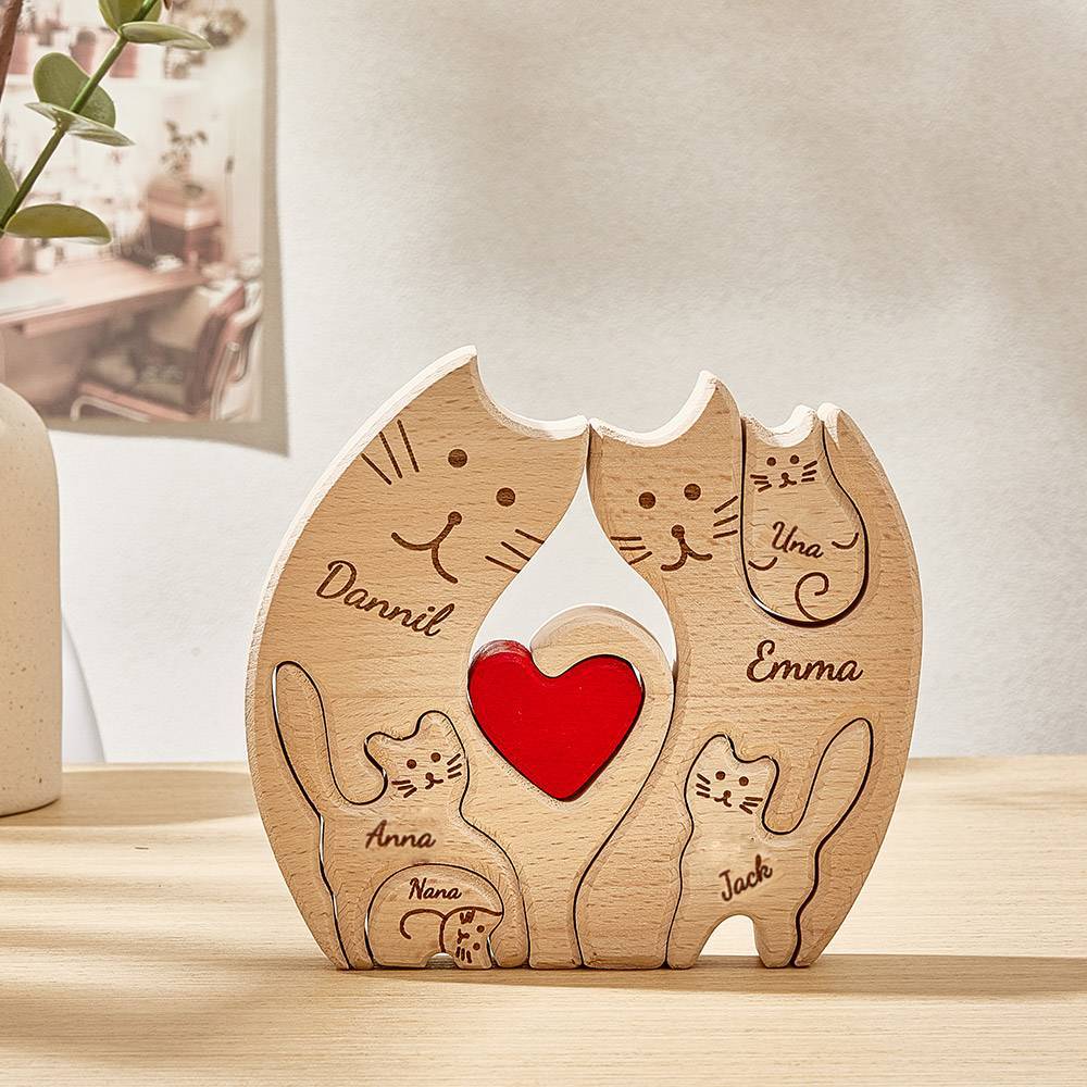 Personalized Wooden Cats Custom Family Member Names Puzzle Home Decor Gifts - soufeelmy