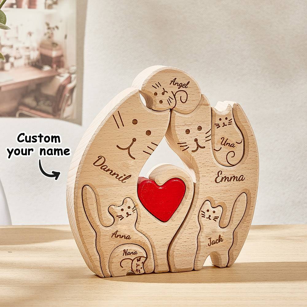 Personalized Wooden Cats Custom Family Member Names Puzzle Home Decor Gifts - soufeelmy