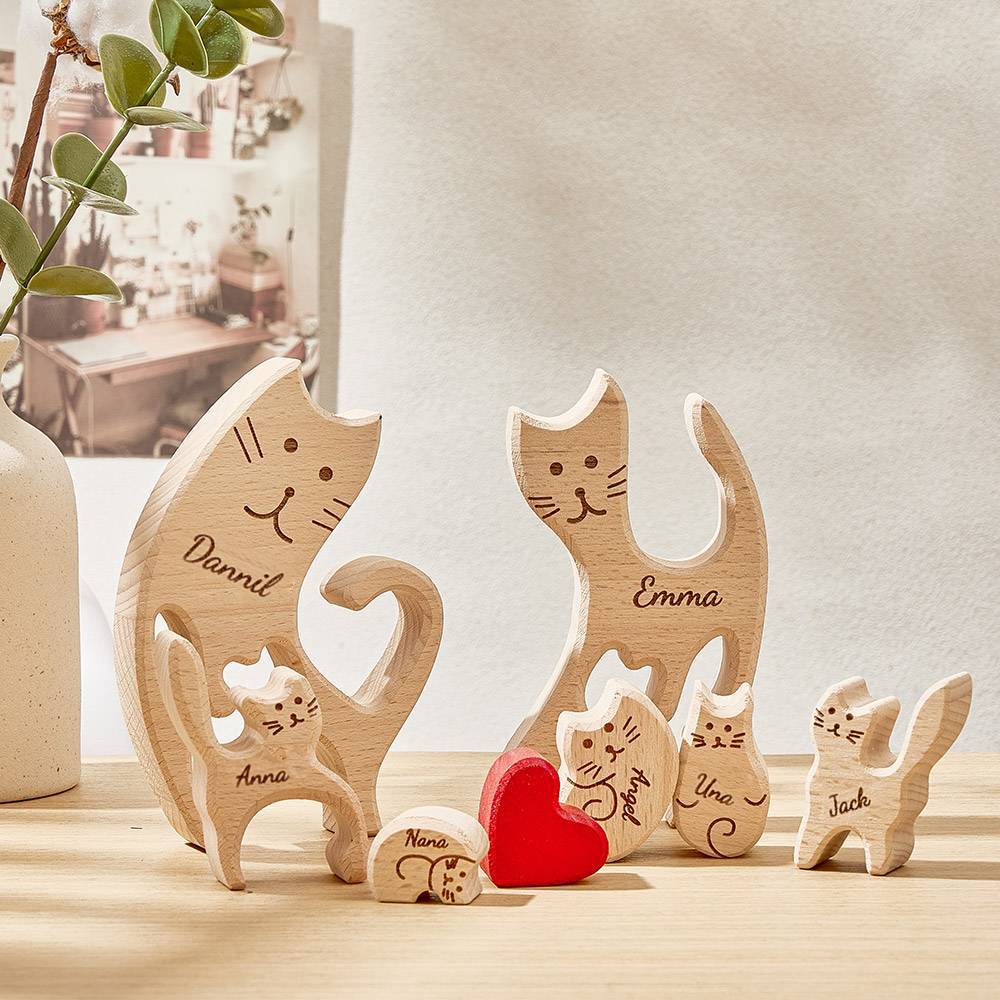 Personalized Wooden Cats Custom Family Member Names Puzzle Home Decor Gifts - soufeelmy